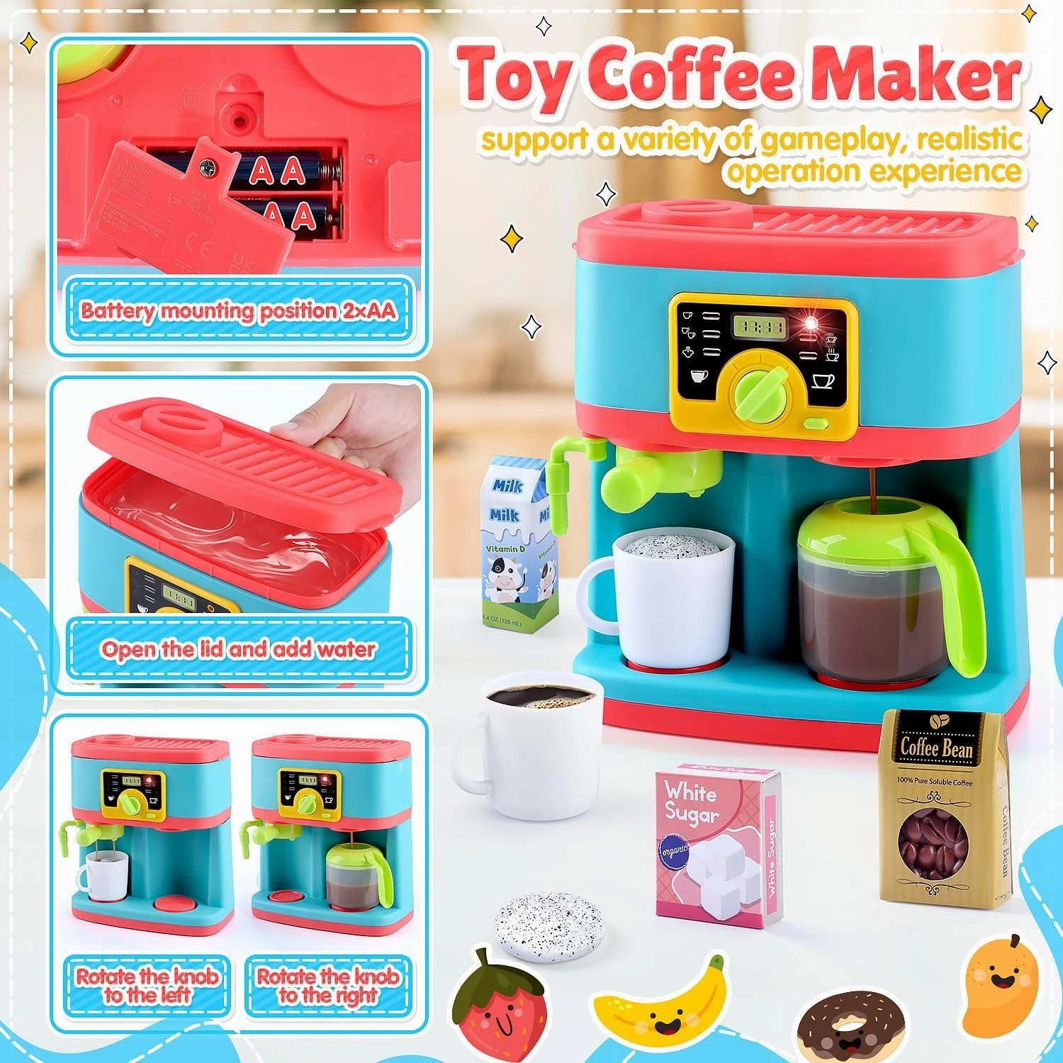 PLAY Kitchen Appliances Toys Set, Pretend Play Kids Kitchen Playset with Coffee Maker, Toy Blender and Play Foods, with Realistic Lights and Sounds, Play Kitchen Accessories Gift for Toddler Ages 3 