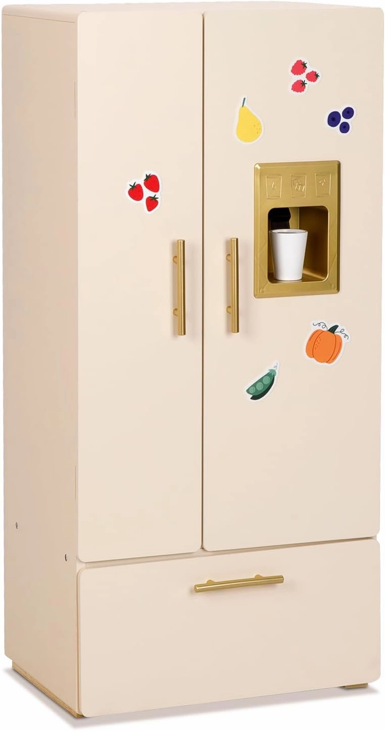 Play Refrigerator for Kids, Wooden Play Fridge with Ice Maker, Pretend Playset Toy Kitchen Sets for Toddlers