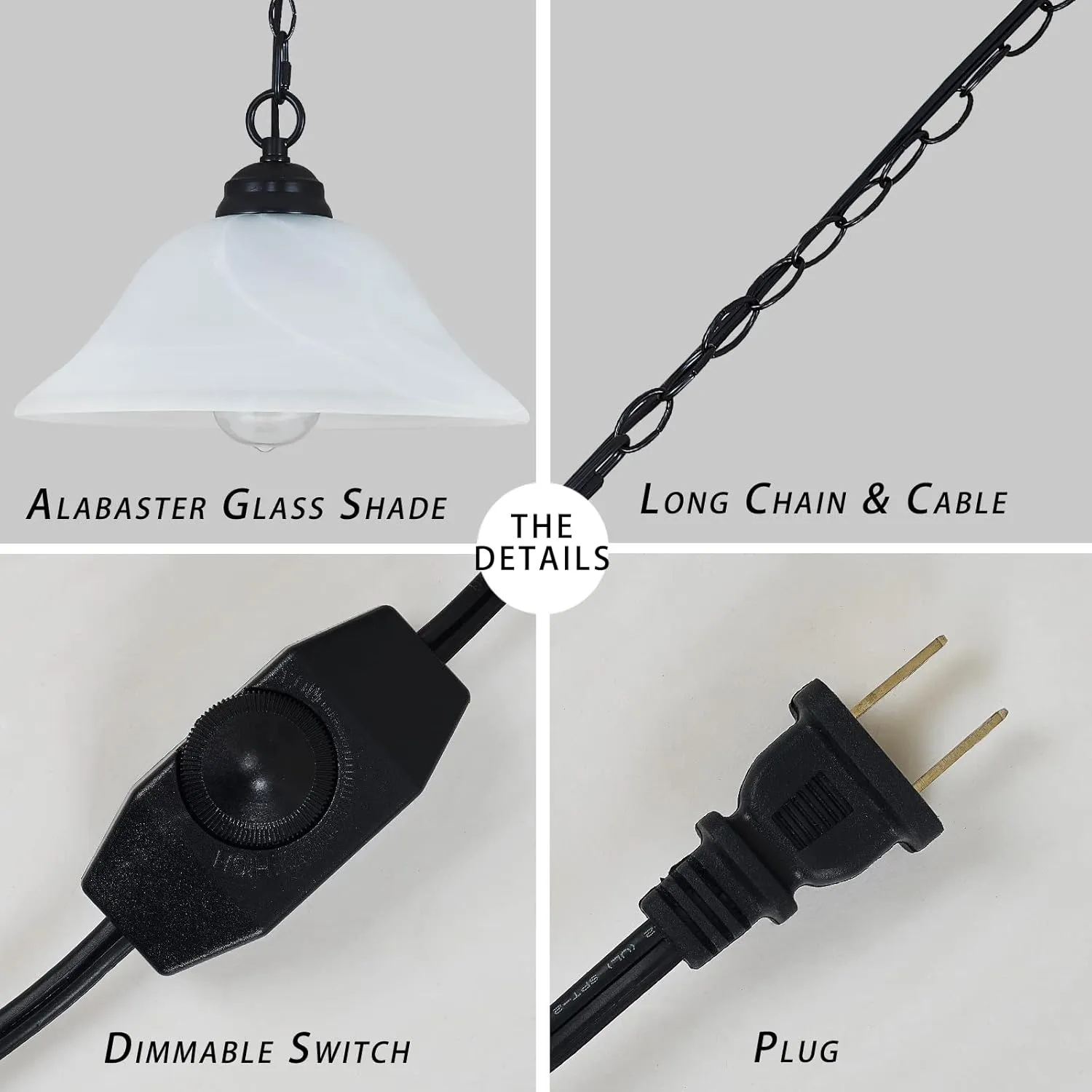 Plug in Pendant Light Alabaster Glass Shade 15.7" D Hanging Lamp with On/Off Switch,16.4Ft Cord & 14.7Ft Chain Dimmable Black Swag Light Fixture for Kitchen Sink Bar Nook