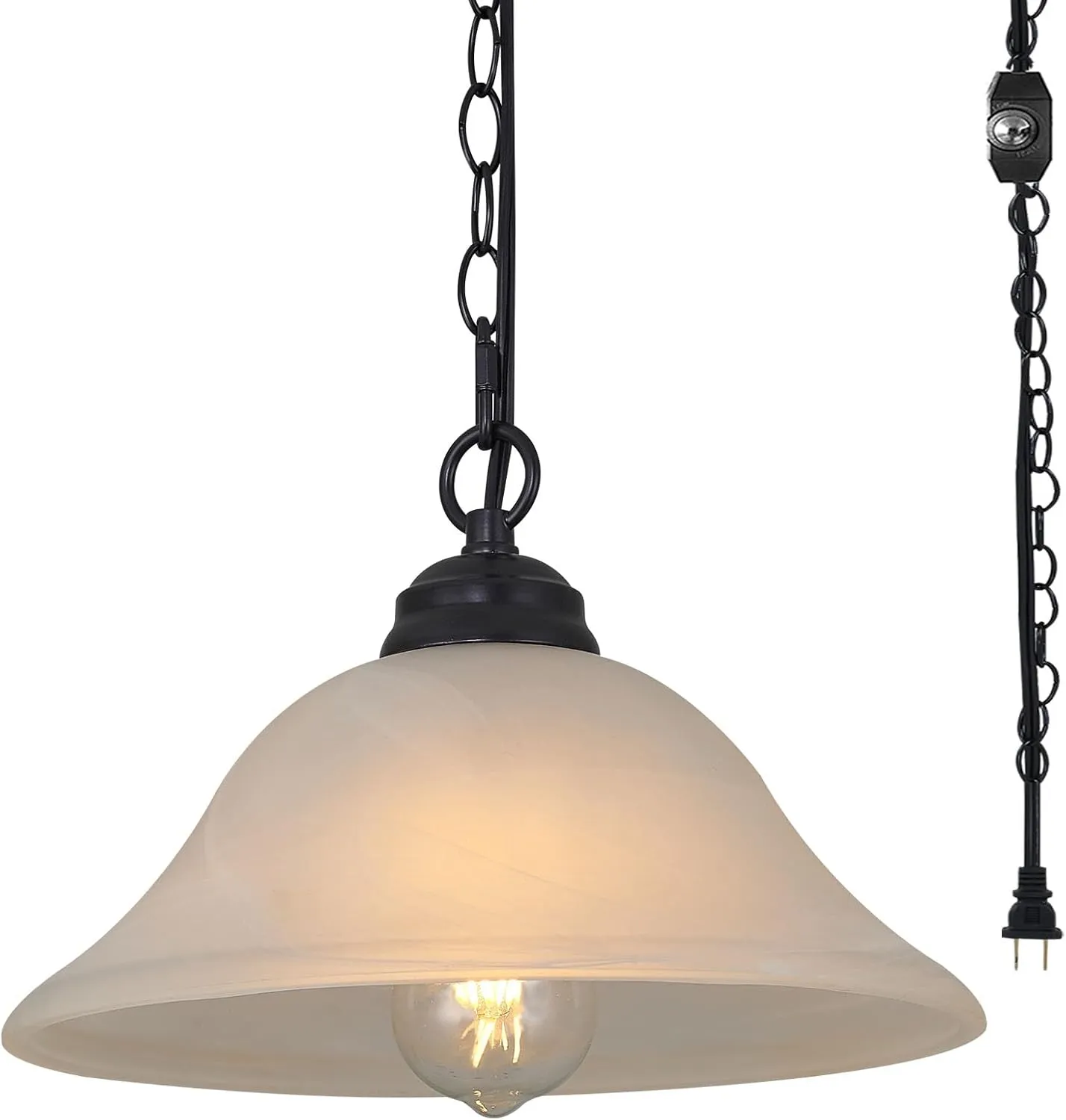 Plug in Pendant Light Alabaster Glass Shade 15.7" D Hanging Lamp with On/Off Switch,16.4Ft Cord & 14.7Ft Chain Dimmable Black Swag Light Fixture for Kitchen Sink Bar Nook
