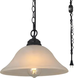 Plug in Pendant Light Alabaster Glass Shade 15.7" D Hanging Lamp with On/Off Switch,16.4Ft Cord & 14.7Ft Chain Dimmable Black Swag Light Fixture for Kitchen Sink Bar Nook