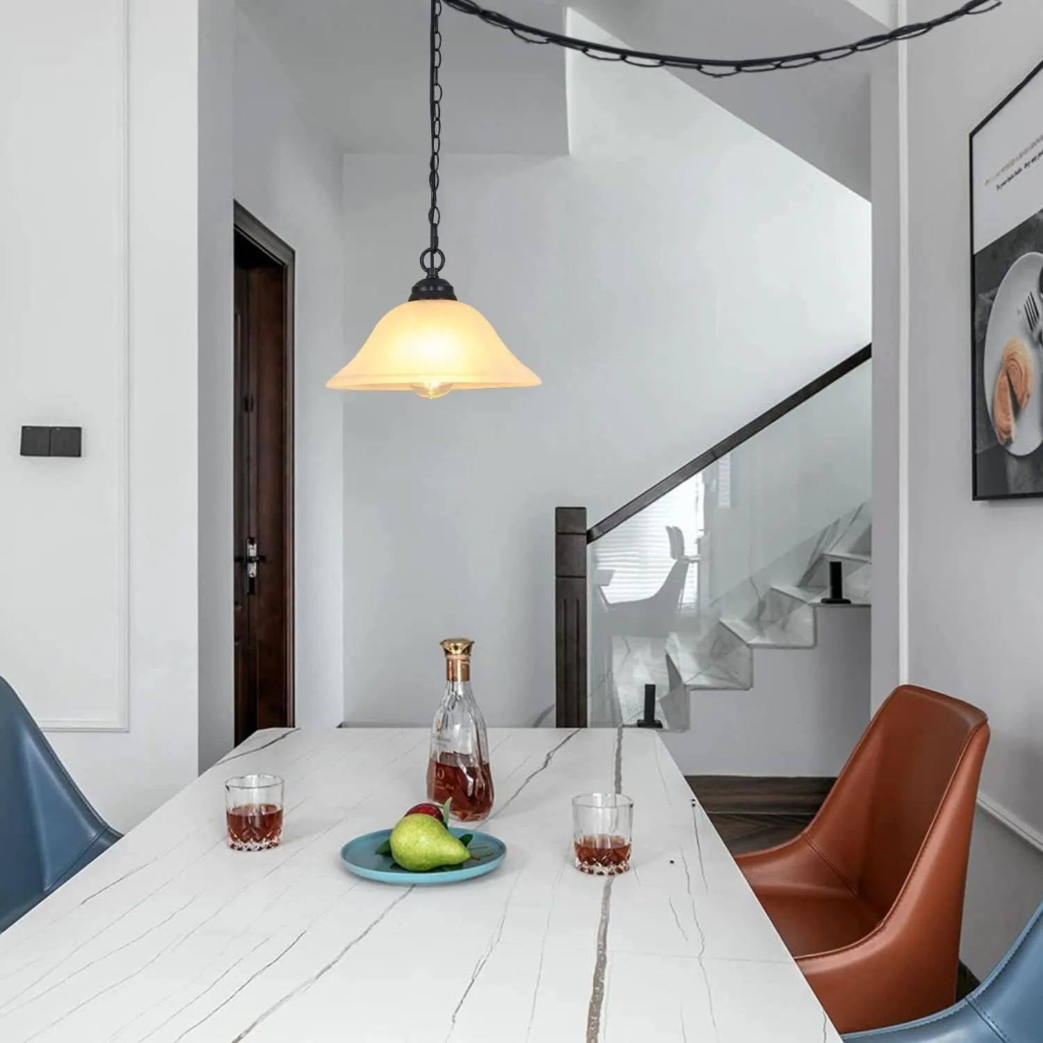 Plug in Pendant Light Alabaster Glass Shade 15.7" D Hanging Lamp with On/Off Switch,16.4Ft Cord & 14.7Ft Chain Dimmable Black Swag Light Fixture for Kitchen Sink Bar Nook