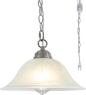 Plug in Pendant Light Alabaster Glass Shade 15.7" D Hanging Lamp with On/Off Switch,16.4Ft Cord & 14.7Ft Chain Dimmable Brushed Nickel Swag Light Fixture for Kitchen Sink Bar Nook