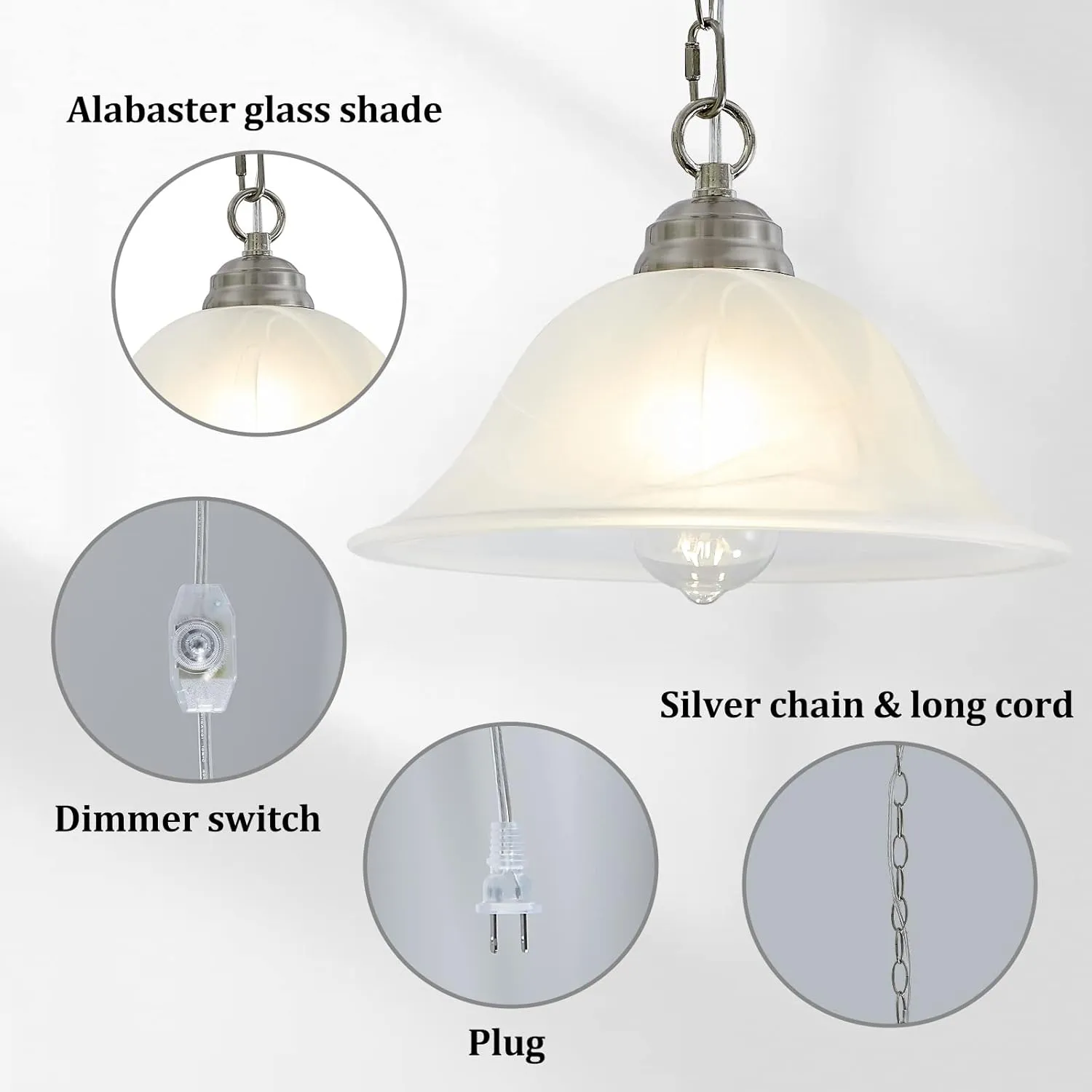 Plug in Pendant Light Alabaster Glass Shade 15.7" D Hanging Lamp with On/Off Switch,16.4Ft Cord & 14.7Ft Chain Dimmable Brushed Nickel Swag Light Fixture for Kitchen Sink Bar Nook