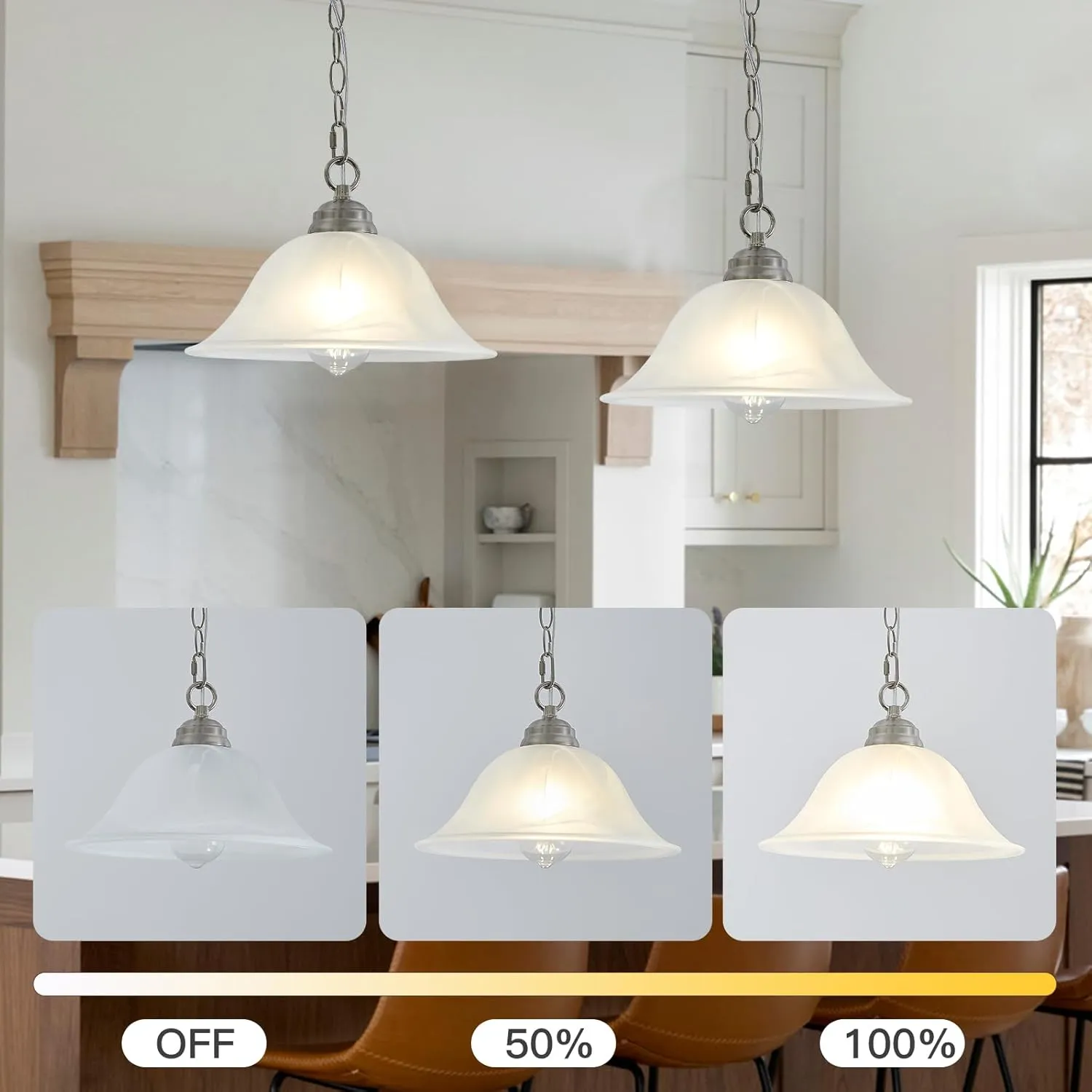 Plug in Pendant Light Alabaster Glass Shade 15.7" D Hanging Lamp with On/Off Switch,16.4Ft Cord & 14.7Ft Chain Dimmable Brushed Nickel Swag Light Fixture for Kitchen Sink Bar Nook