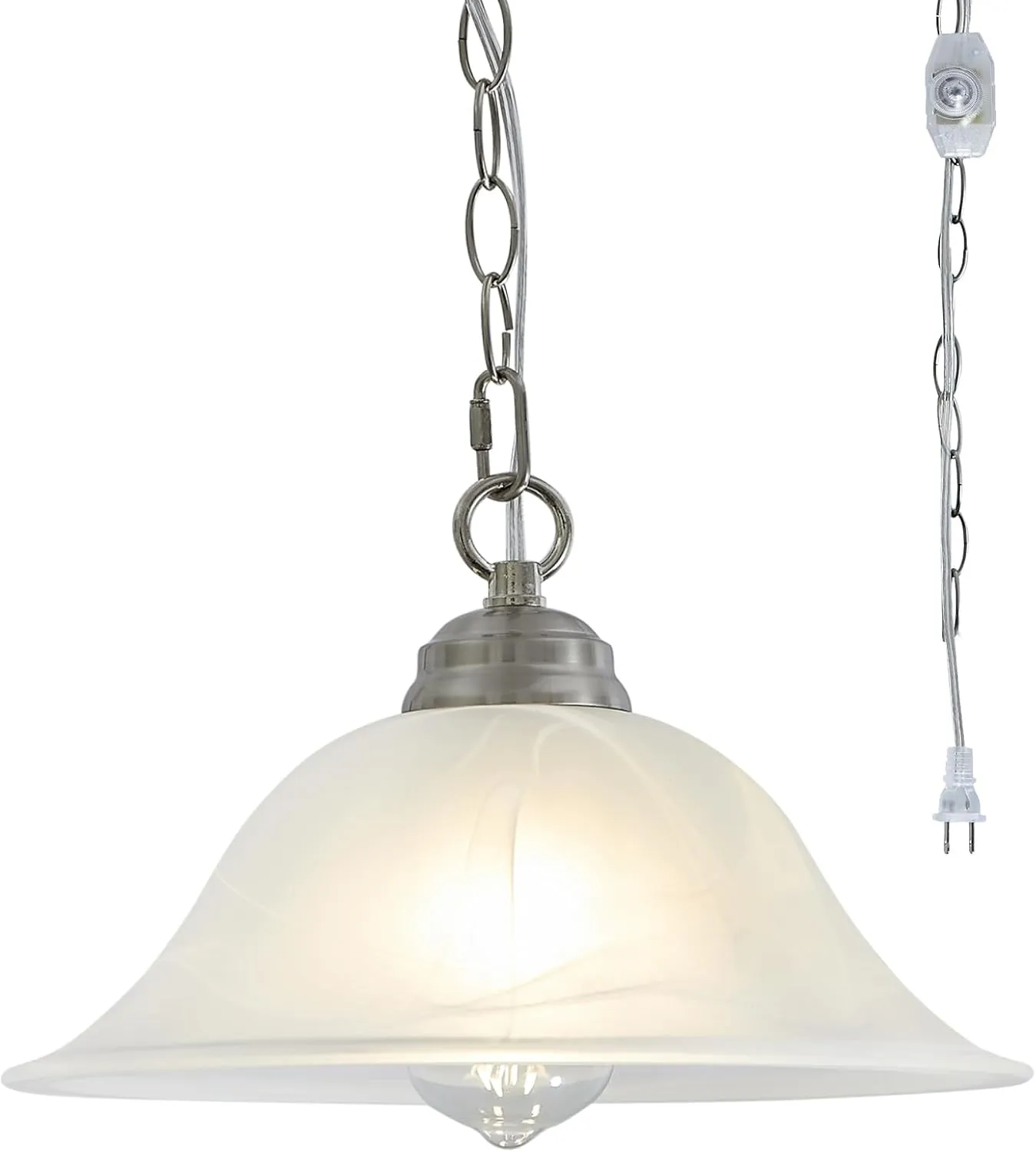 Plug in Pendant Light Alabaster Glass Shade 15.7" D Hanging Lamp with On/Off Switch,16.4Ft Cord & 14.7Ft Chain Dimmable Brushed Nickel Swag Light Fixture for Kitchen Sink Bar Nook