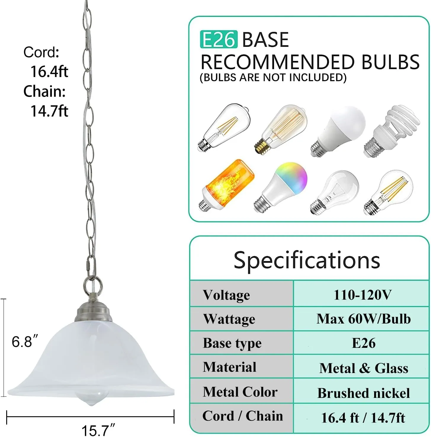 Plug in Pendant Light Alabaster Glass Shade 15.7" D Hanging Lamp with On/Off Switch,16.4Ft Cord & 14.7Ft Chain Dimmable Brushed Nickel Swag Light Fixture for Kitchen Sink Bar Nook
