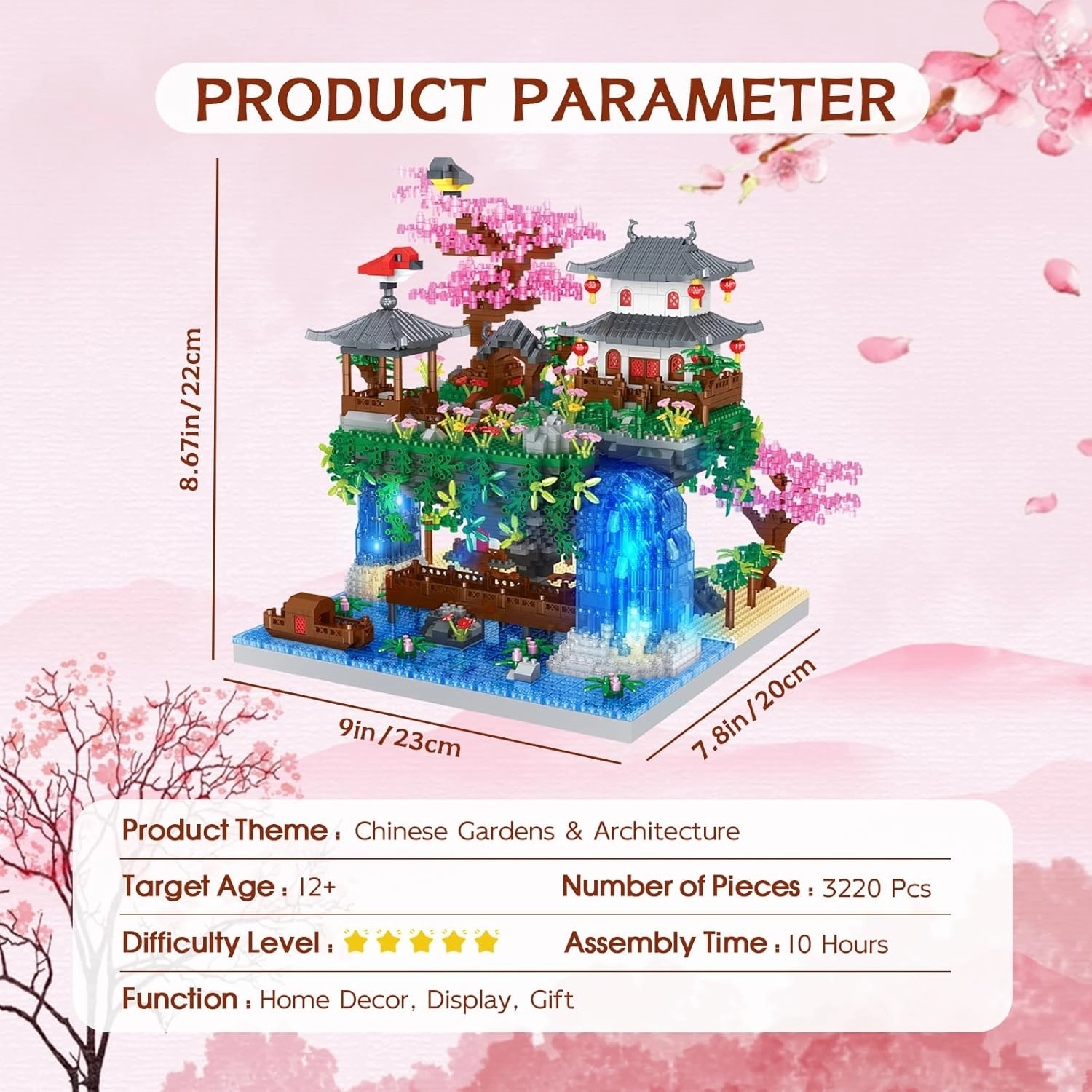 POKONBOY Peach Blossom Pond Building Blocks Set, Chinese Architecture Cherry Blossom Tree House Building Kit with LED Light Gift for Kids Adults Age 12  (3320 Pcs, Micro Bricks)