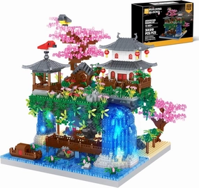 POKONBOY Peach Blossom Pond Building Blocks Set, Chinese Architecture Cherry Blossom Tree House Building Kit with LED Light Gift for Kids Adults Age 12  (3320 Pcs, Micro Bricks)