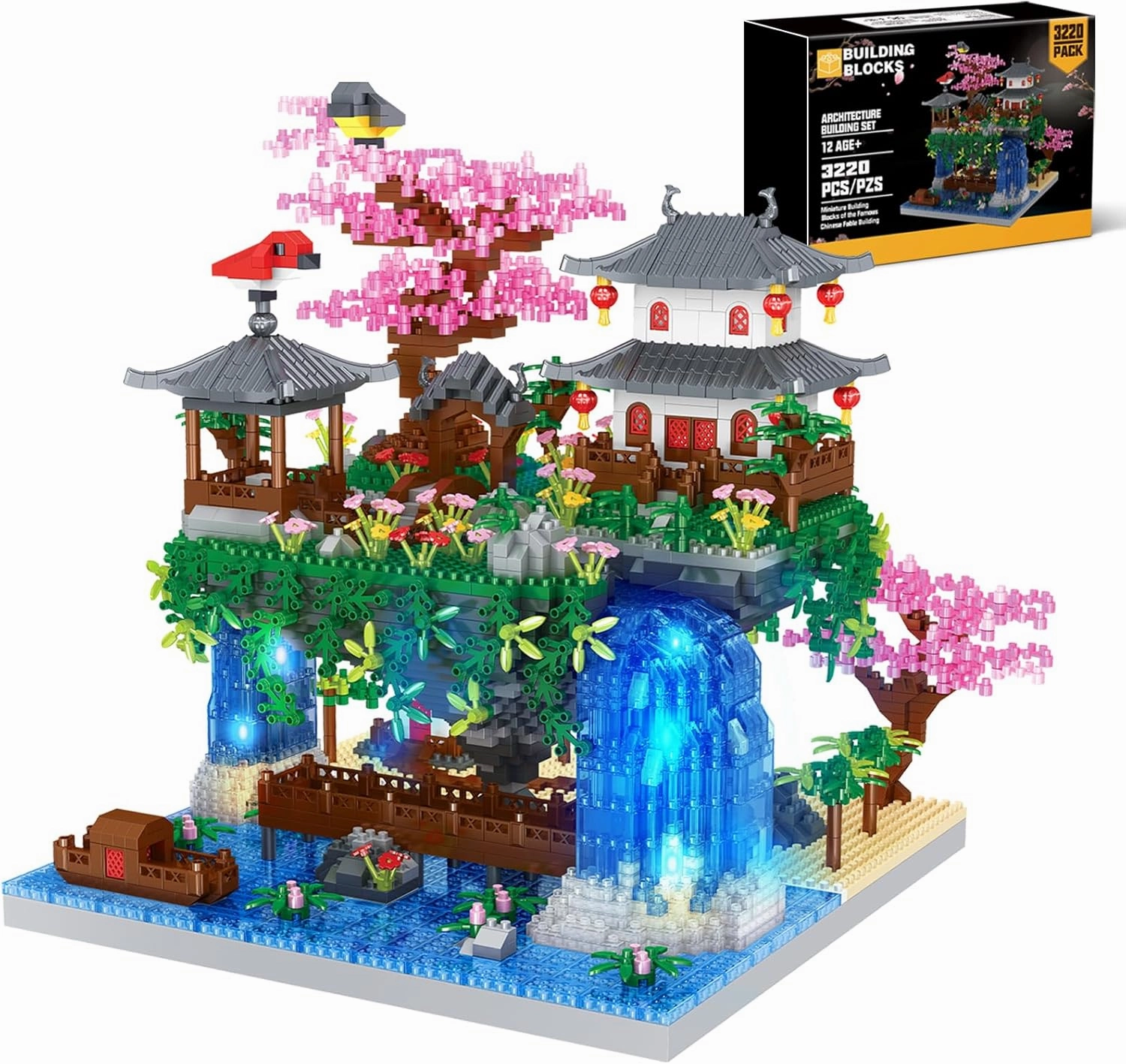 POKONBOY Peach Blossom Pond Building Blocks Set, Chinese Architecture Cherry Blossom Tree House Building Kit with LED Light Gift for Kids Adults Age 12  (3320 Pcs, Micro Bricks)