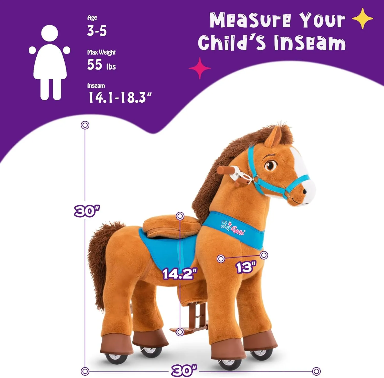 PonyCycle Ride on Toy Riding Horse Ride-on Horse for Toddler Riding Pony Toy (with Brake/ 30" Height/Size 3) Plush Animal Mechanical Pony Rider with Wheels Spirit Toys Birthday Surprise Brown E337