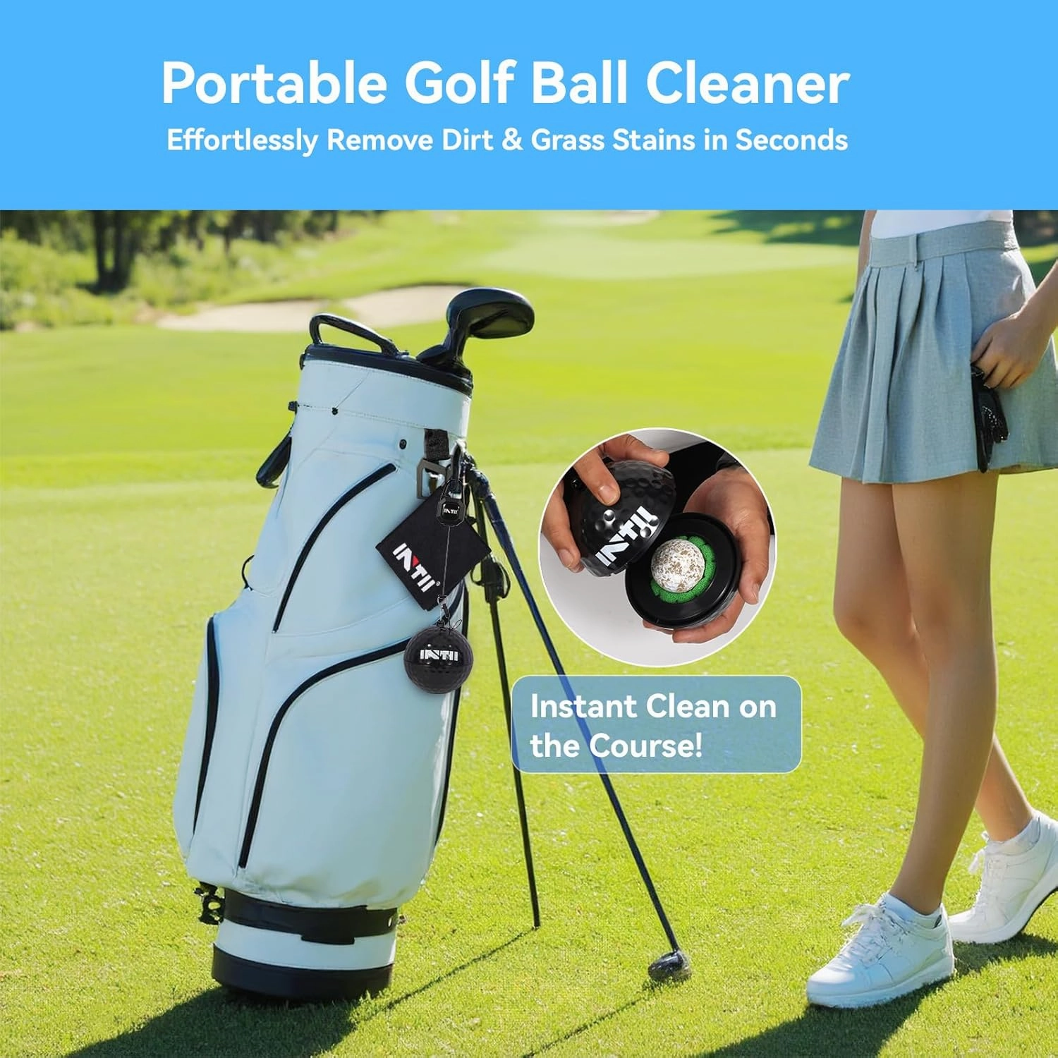 Portable Golf Ball Cleaner, Golf Ball Shape with Easy-Pull Retractable Cord, Golf Club Bag Accessories, Perfect Golf Gift