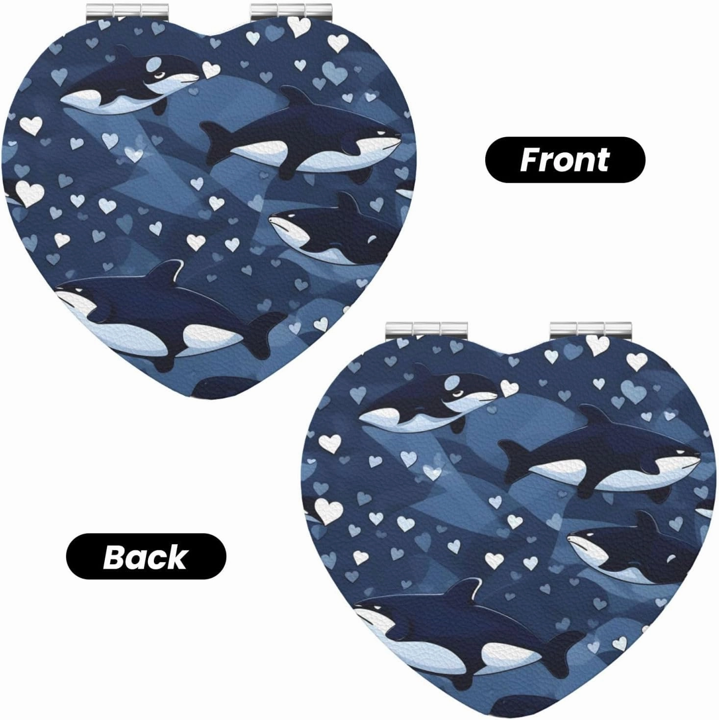Portable Pocket Makeup Mirror Blue Killer Whale Travel Cosmetic Mirror Heart Shape Print Magnifying Compact Mirror for Eyelash