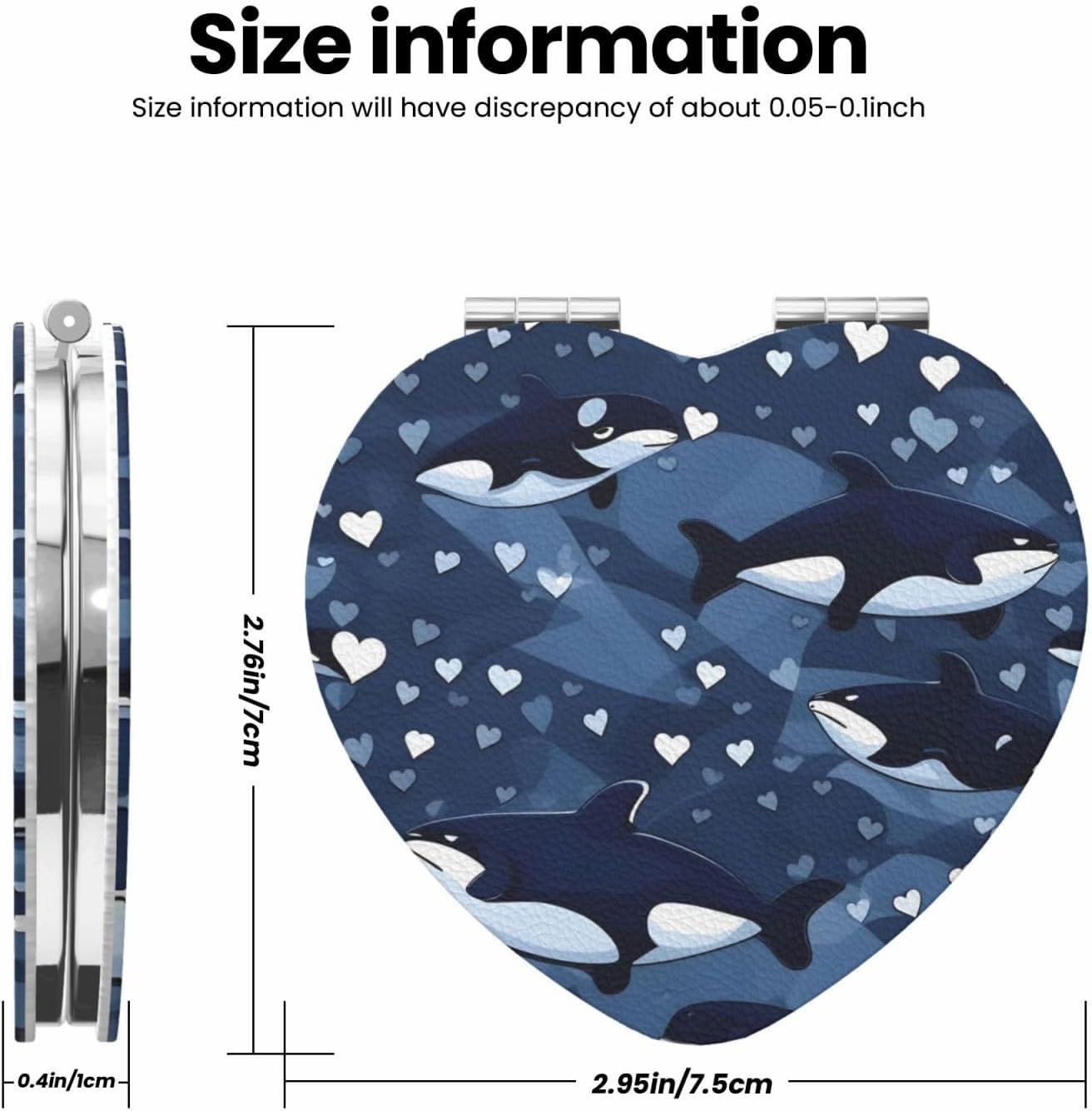 Portable Pocket Makeup Mirror Blue Killer Whale Travel Cosmetic Mirror Heart Shape Print Magnifying Compact Mirror for Eyelash