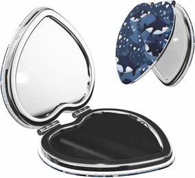 Portable Pocket Makeup Mirror Blue Killer Whale Travel Cosmetic Mirror Heart Shape Print Magnifying Compact Mirror for Eyelash