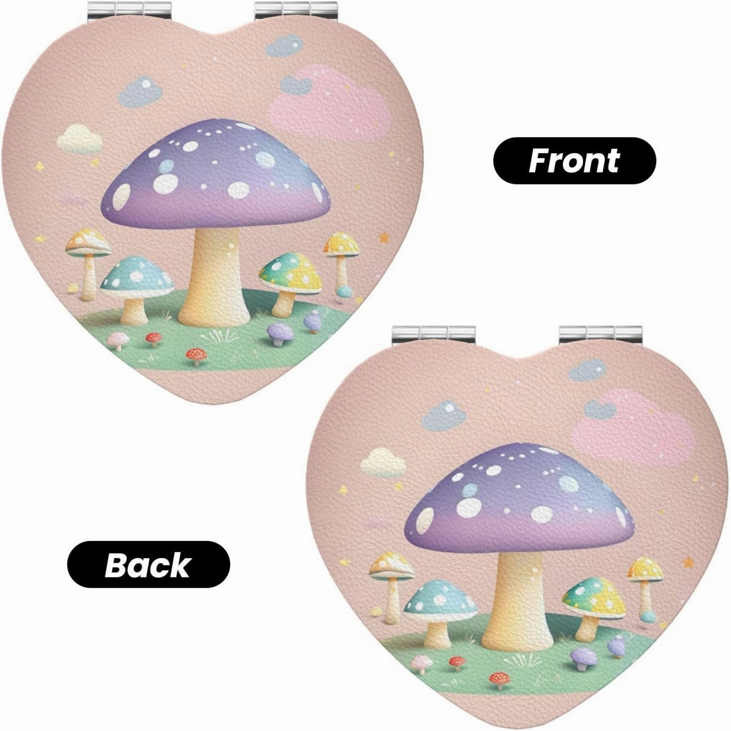 Portable Pocket Makeup Mirror Cartoon Mushroom Travel Cosmetic Mirror Heart Shape Print Magnifying Compact Mirror for Eyelash