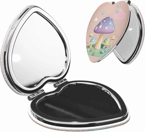 Portable Pocket Makeup Mirror Cartoon Mushroom Travel Cosmetic Mirror Heart Shape Print Magnifying Compact Mirror for Eyelash