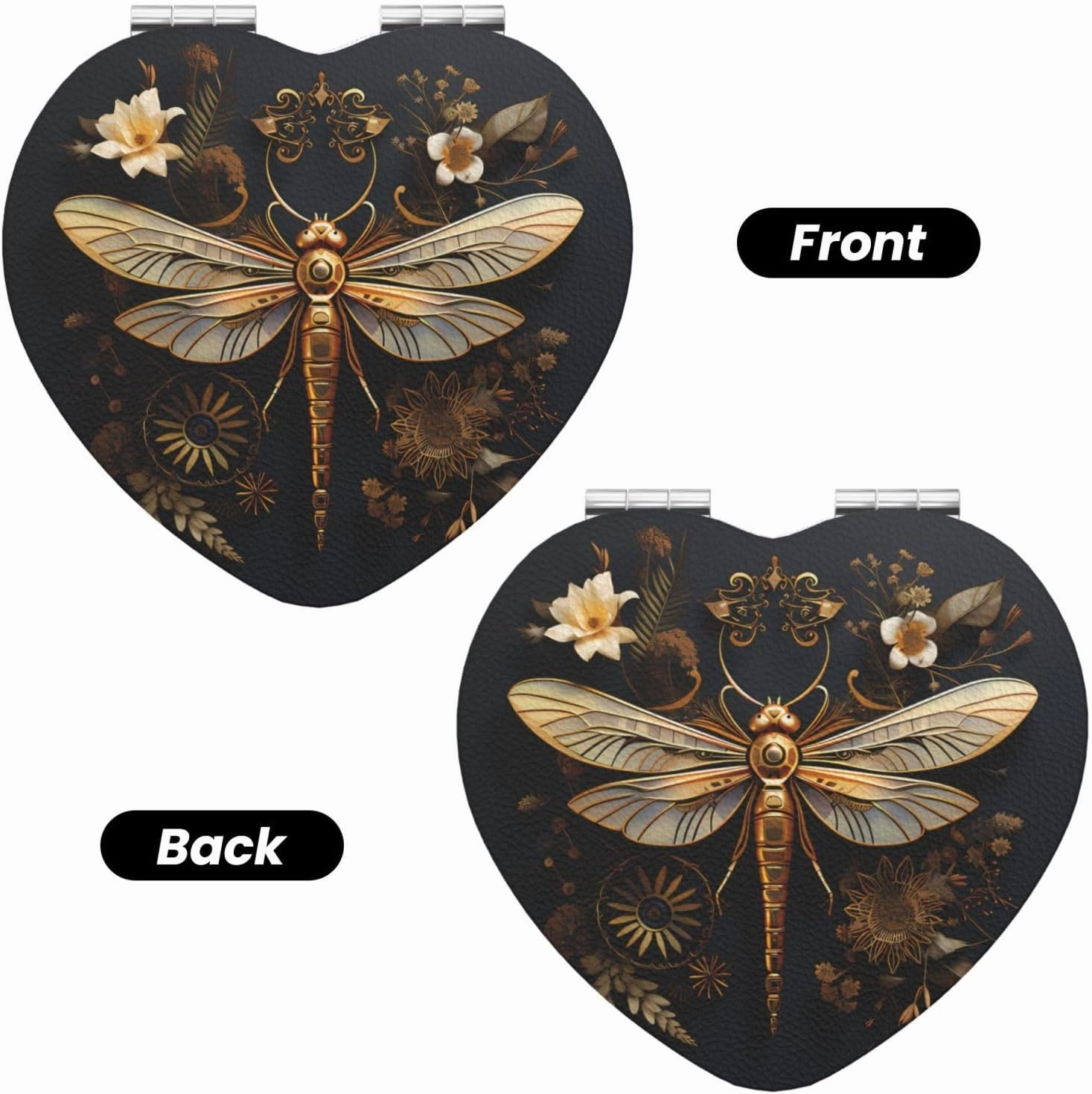 Portable Pocket Makeup Mirror Gold Exquisite Dragonfly Travel Cosmetic Mirror Heart Shape Print Magnifying Compact Mirror for Eyelash