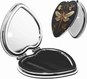 Portable Pocket Makeup Mirror Gold Exquisite Dragonfly Travel Cosmetic Mirror Heart Shape Print Magnifying Compact Mirror for Eyelash