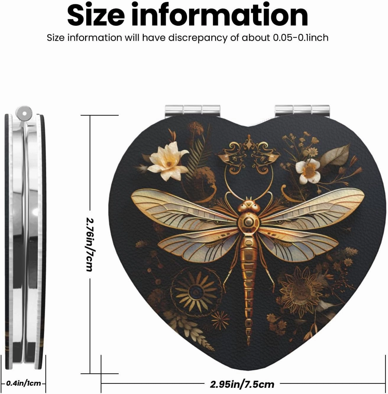 Portable Pocket Makeup Mirror Gold Exquisite Dragonfly Travel Cosmetic Mirror Heart Shape Print Magnifying Compact Mirror for Eyelash