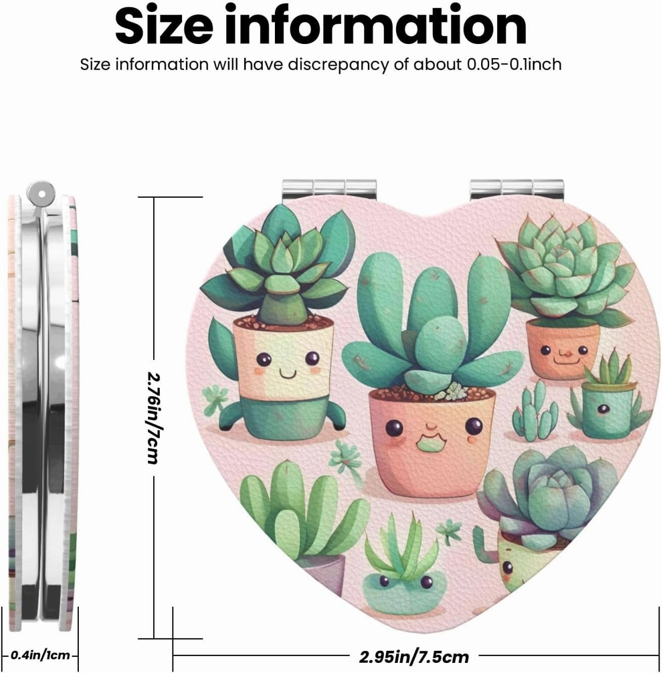 Portable Pocket Makeup Mirror Lovely Succulent Plants Travel Cosmetic Mirror Heart Shape Print Magnifying Compact Mirror for Eyelash