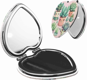 Portable Pocket Makeup Mirror Lovely Succulent Plants Travel Cosmetic Mirror Heart Shape Print Magnifying Compact Mirror for Eyelash