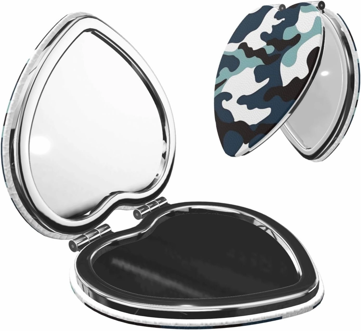 Portable Pocket Makeup Mirror Marine Camouflage Travel Cosmetic Mirror Heart Shape Print Magnifying Compact Mirror for Eyelash