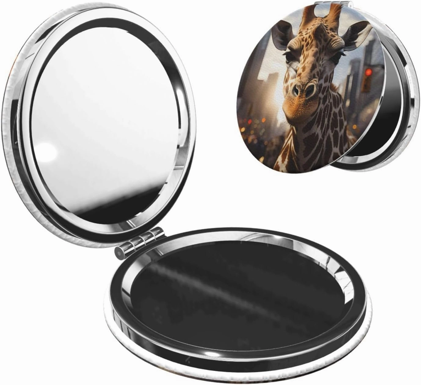 Portable Pocket Makeup Mirror New York Giraffe Street Travel Cosmetic Mirror Round Shape Print Magnifying Compact Mirror for Eyelash