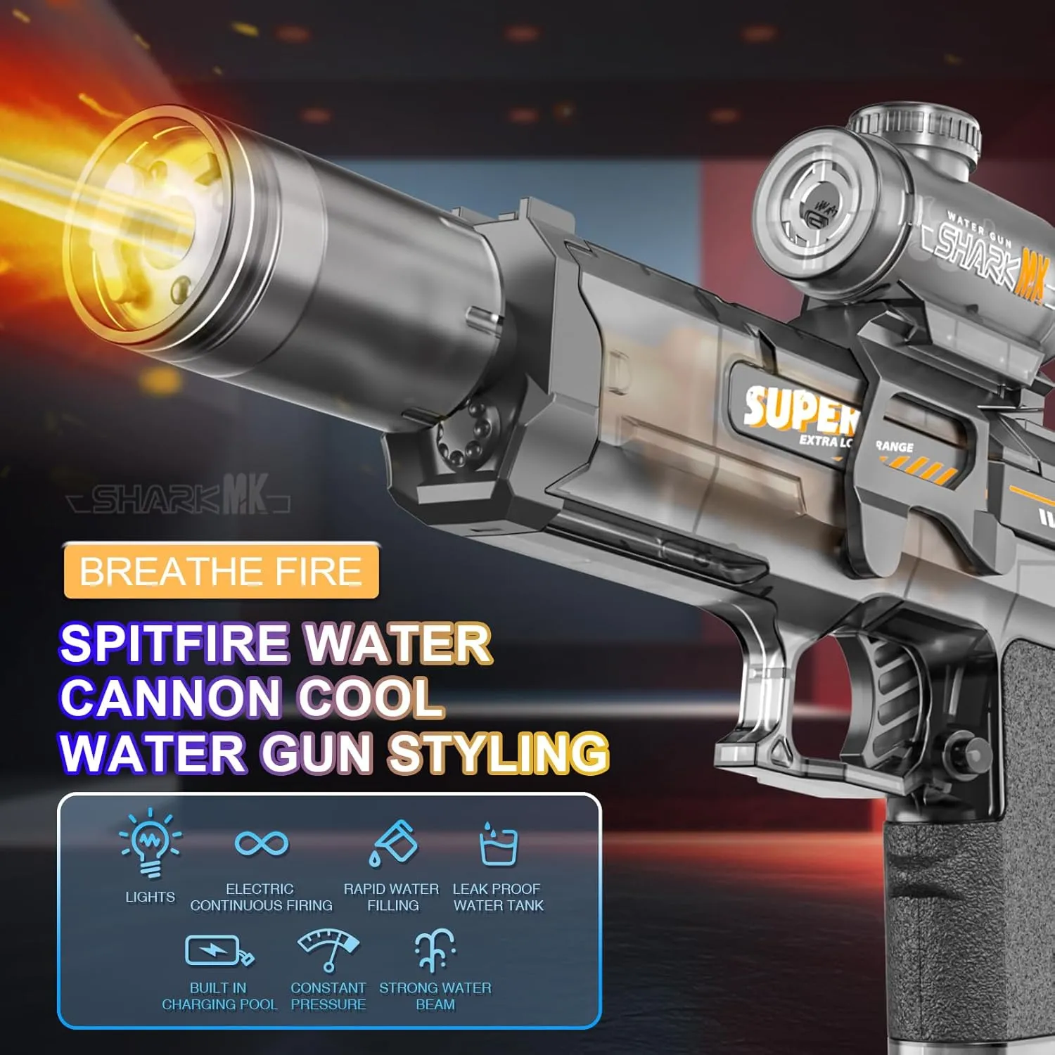 Powerful Electric Water Gun - Squirt Gun for Adult with Battery Powered Large Capacity Strongest Super Water Soaker Blaster Gun with Light for Kid Boy Toy for Pool Swimming Summer Outdoor Black