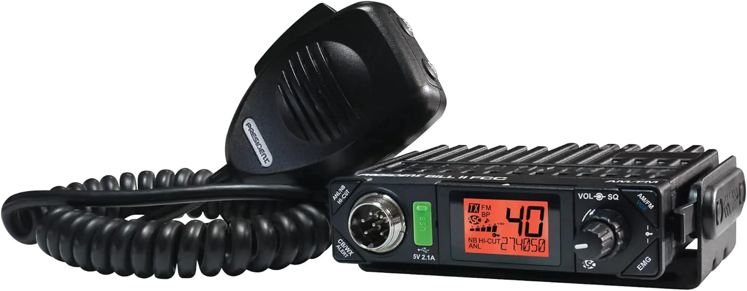 President Electronics BILL CB Radio, 40 Channels AM, 12 Volts, USB 5V/2.1A, Up/Down Channel Selector, Volume Adjustment and ON/OFF, Manual Squelch and ASC, Multi-functions LCD Display, S-meter