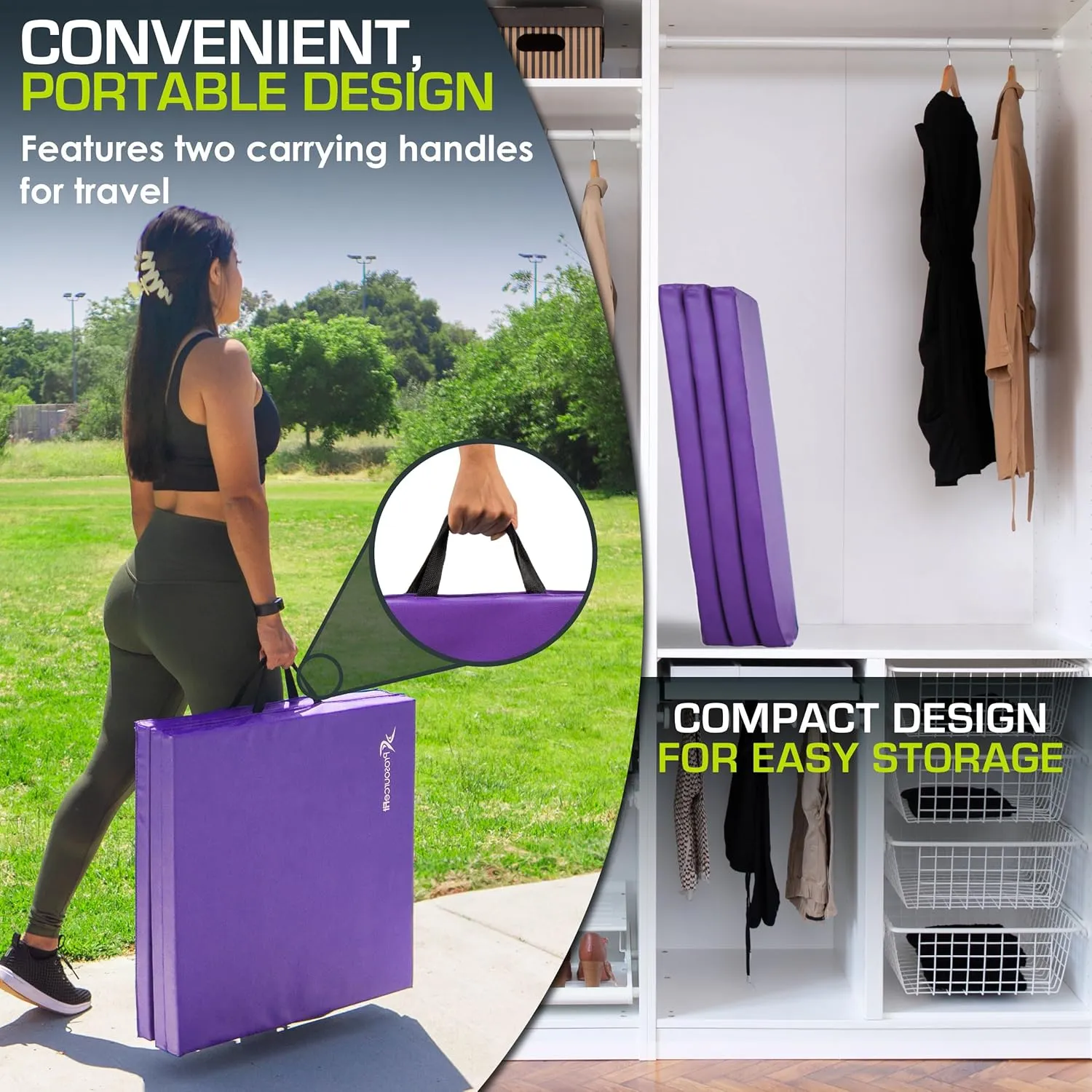 ProsourceFit Tri-Fold Folding Thick Exercise Mat 6'x2' with Carrying Handles for MMA, Gymnastics, Stretching, Core Workouts, Purple