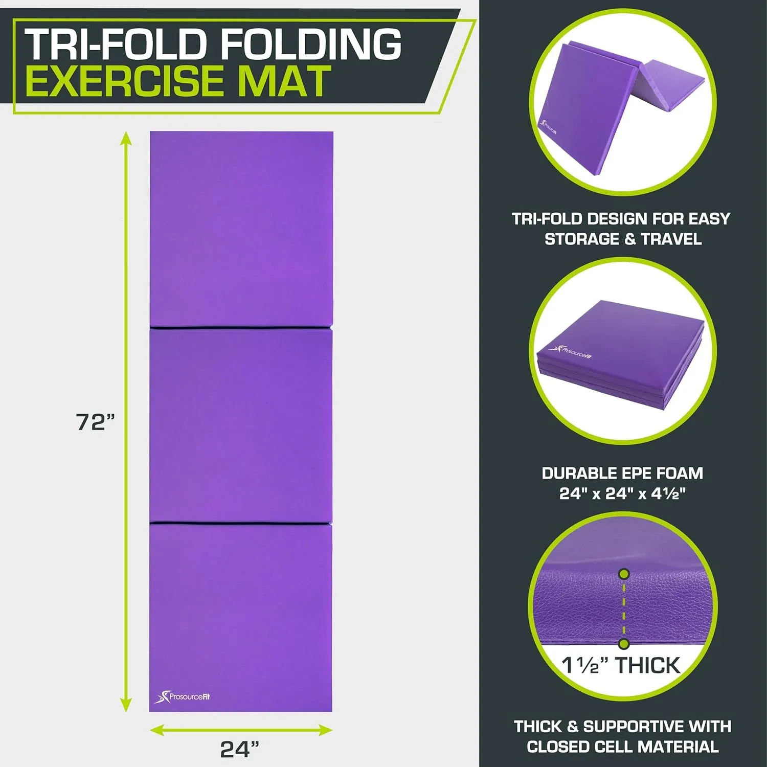 ProsourceFit Tri-Fold Folding Thick Exercise Mat 6'x2' with Carrying Handles for MMA, Gymnastics, Stretching, Core Workouts, Purple