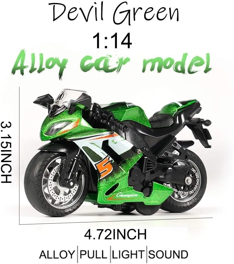 Pull Back Motorcycle Toys, Tiny Gift with Music Lighting, Race Motorcycles Toy for Boys Kids Age 3 4 5 6 7 8 Year Old (Green)