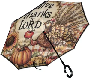 Pumpkins Thanksgiving Turkey Inverted Reverse Umbrellas for Rain Double Layer Upside Down Stick Golf Umbrella Windproof with C Shape Handle for Women Men Adults Car