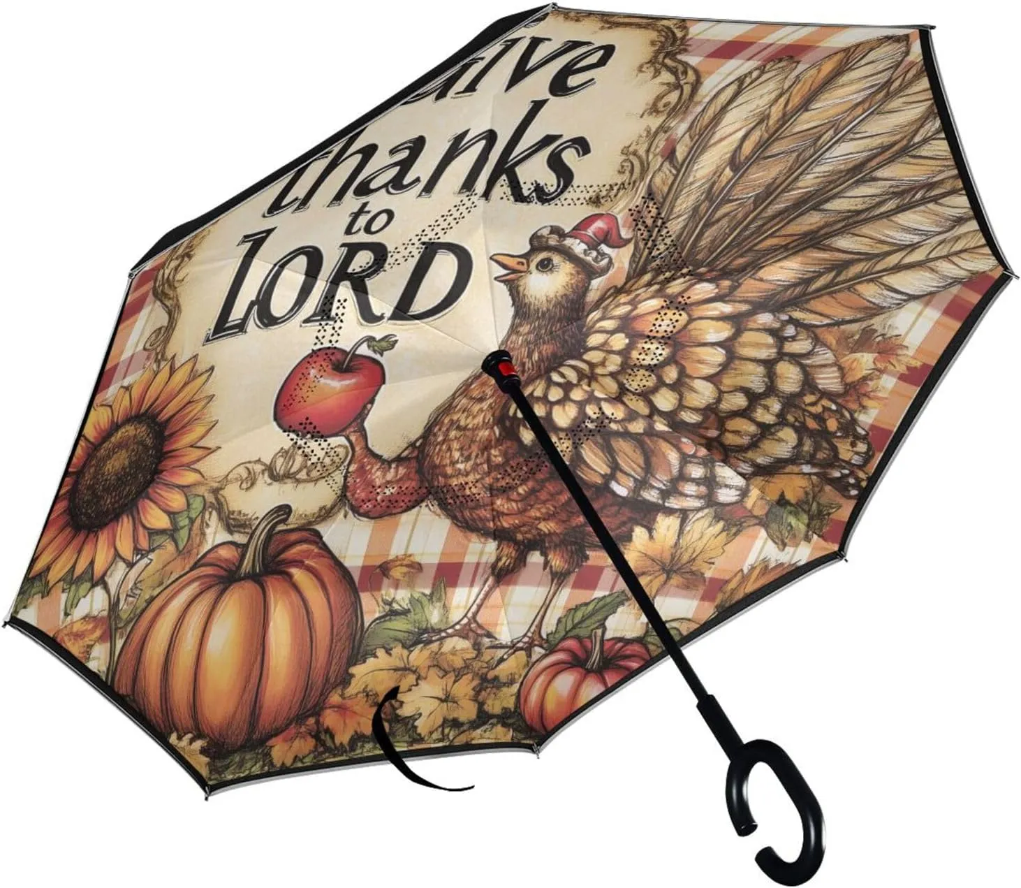 Pumpkins Thanksgiving Turkey Inverted Reverse Umbrellas for Rain Double Layer Upside Down Stick Golf Umbrella Windproof with C Shape Handle for Women Men Adults Car