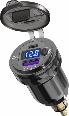 Qidoe Motorcycle Power Adapter Waterproof Hella Din Plug to USB Adapter with ON-Off Switch 30W USB C PD3.0 Din USB 18W QC3.0 Quick Charge Aluminum Voltmeter Ducati Triumph BMW Motorcycle Accessories