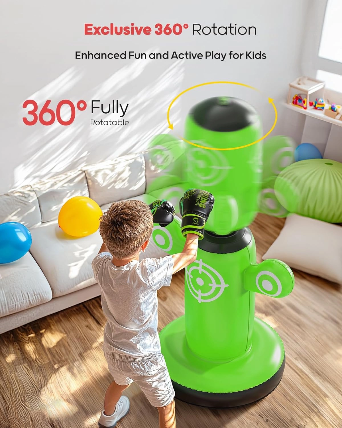 QPAU 360° Rotatable Punching Bag for Kids, Lager 64” Kids Punching Bag with Gloves, Hand Pump & 6 Targets, Bop Bag Inflatable Punching Toy, Karate Gifts for Boys, Girls