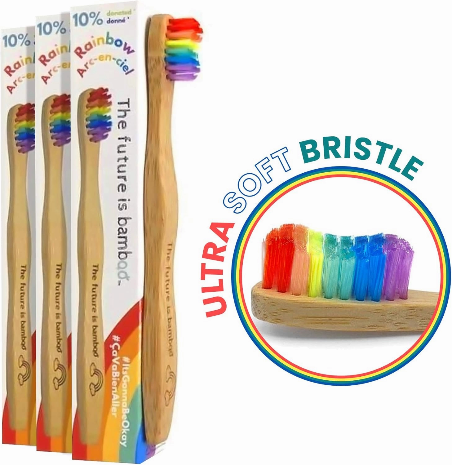Rainbow Toothbrush for Kids - Made from Sustainable Bamboo for a Natural & Eco-Friendly Feel, Soft Wave Bristles, Biodegradable Wooden Handle | (Pack of 4, Rainbow)
