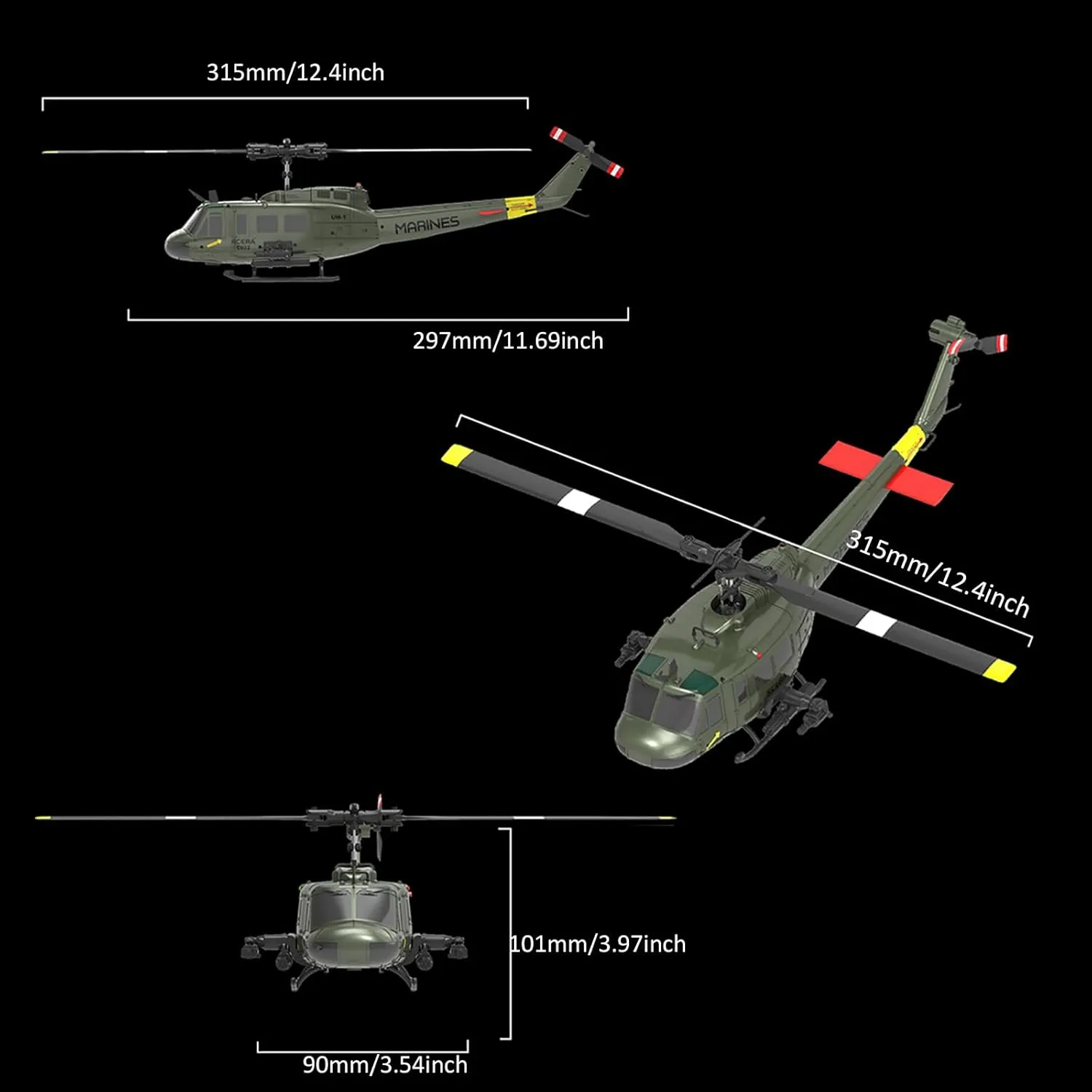 RC ERA C032 UH-1 Huey Helicopter - Remote Control Helicopters for Adult, 1/48 Sacle 2.4G 6CH Gyro Stabilized Aircraft with Altitude Hold & Optical Flow,3D Stunt Drone (Yellow)