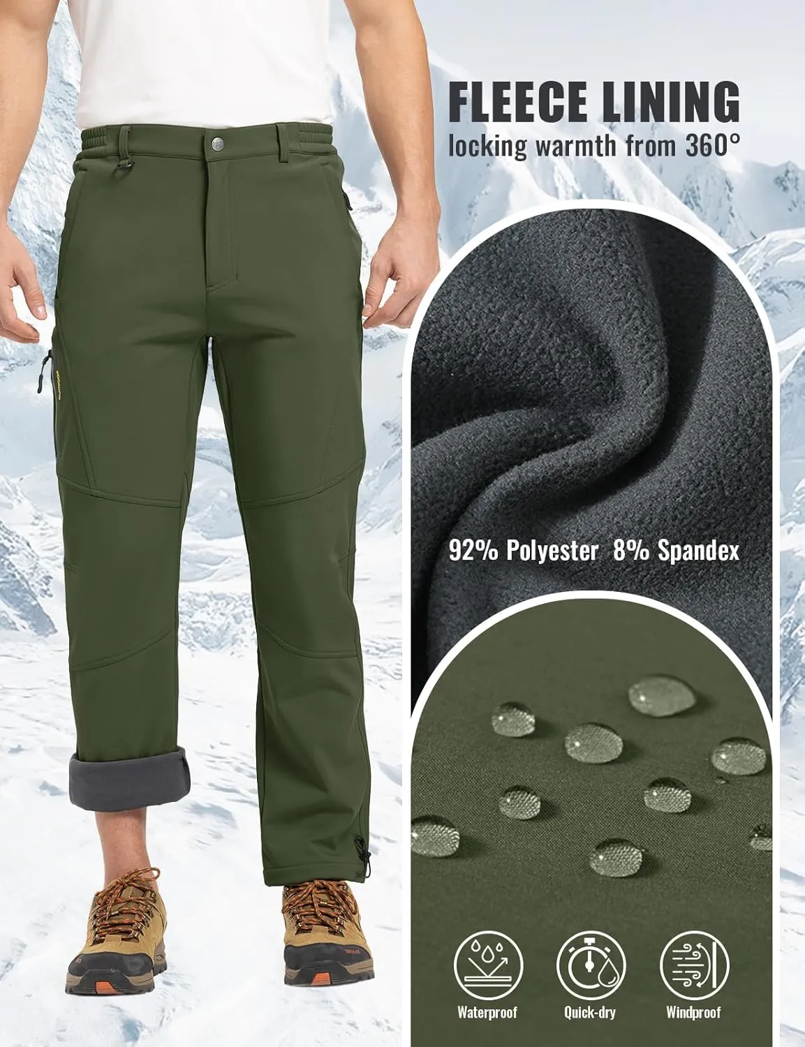 Rdruko Men's Snow Pants Waterproof Insulated Winter Hiking Pants Snowboard Fleece Lined Softshell Ski Pants