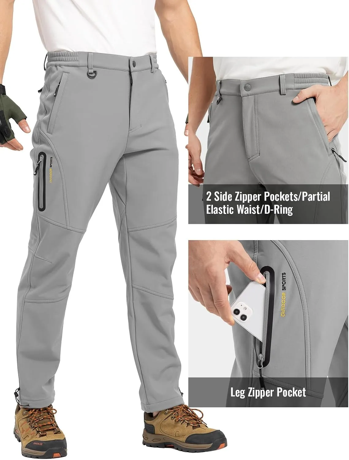 Rdruko Men's Snow Pants Waterproof Insulated Winter Hiking Pants Snowboard Fleece Lined Softshell Ski Pants