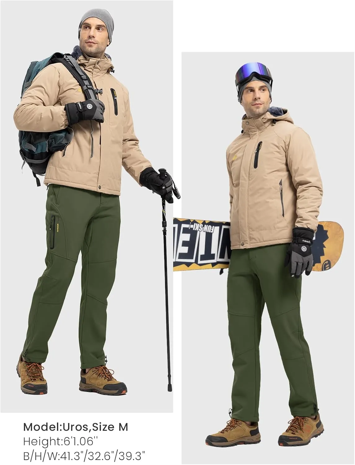 Rdruko Men's Snow Pants Waterproof Insulated Winter Hiking Pants Snowboard Fleece Lined Softshell Ski Pants