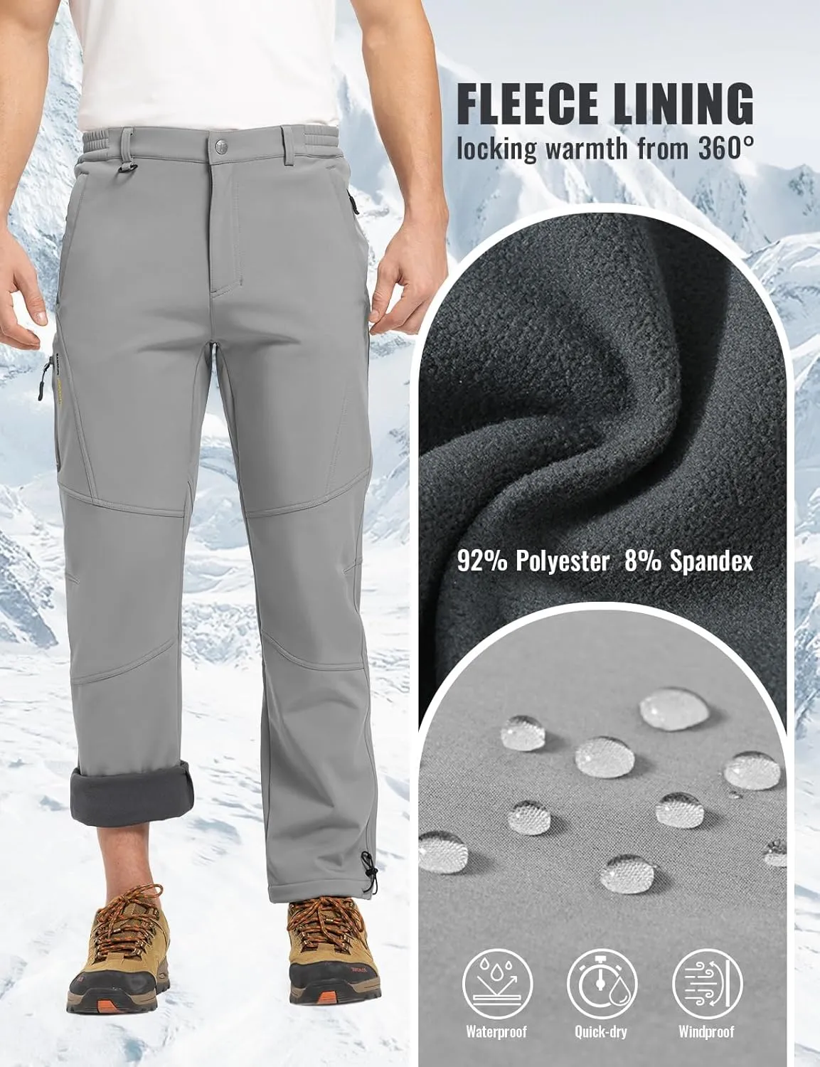 Rdruko Men's Snow Pants Waterproof Insulated Winter Hiking Pants Snowboard Fleece Lined Softshell Ski Pants