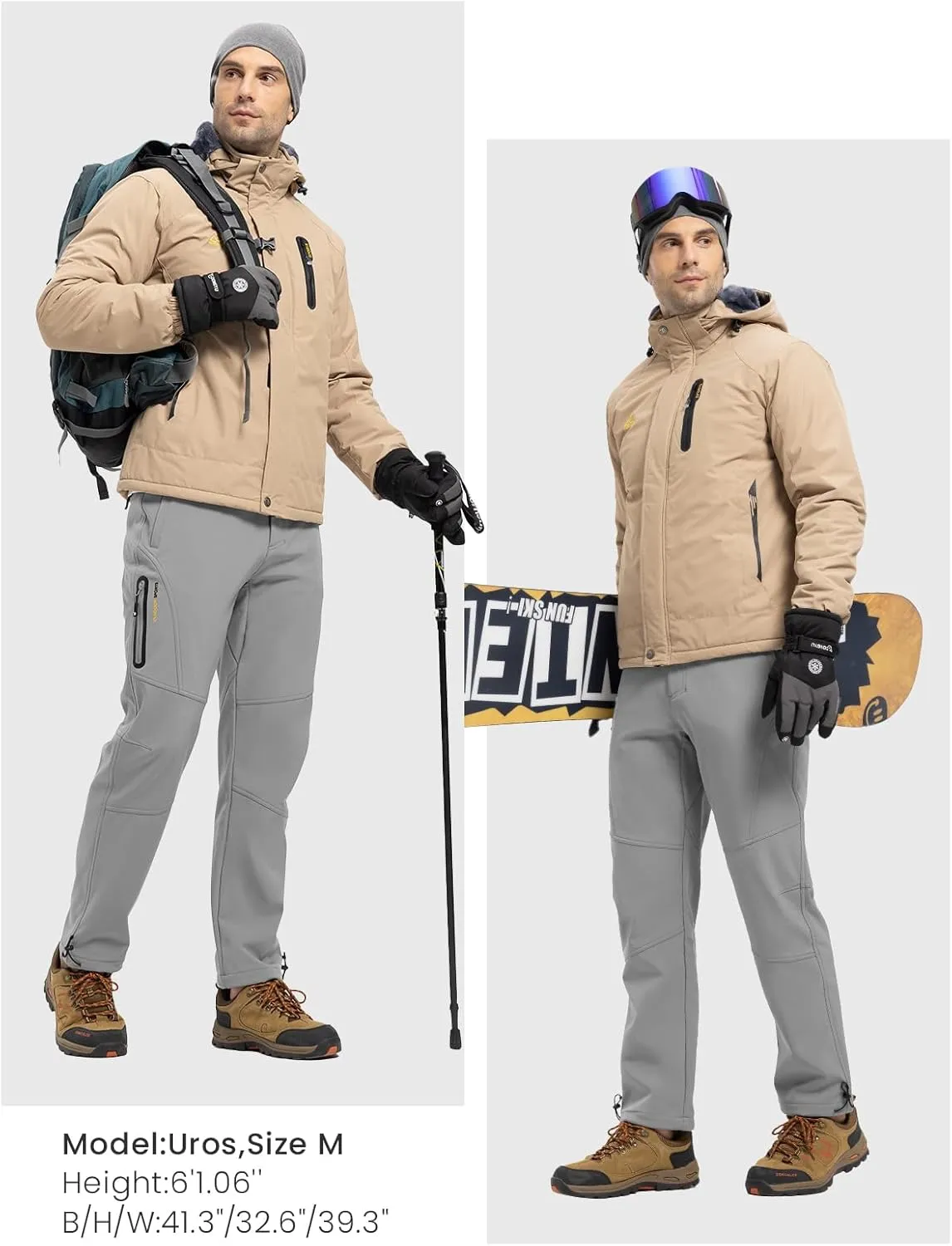 Rdruko Men's Snow Pants Waterproof Insulated Winter Hiking Pants Snowboard Fleece Lined Softshell Ski Pants