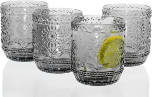 Red Co. Vintage Botanist Drinking Glass Set, Luxurious Floral Embossed Decorative Grеy Glassware, Set of 4, 4-inch, 12 oz