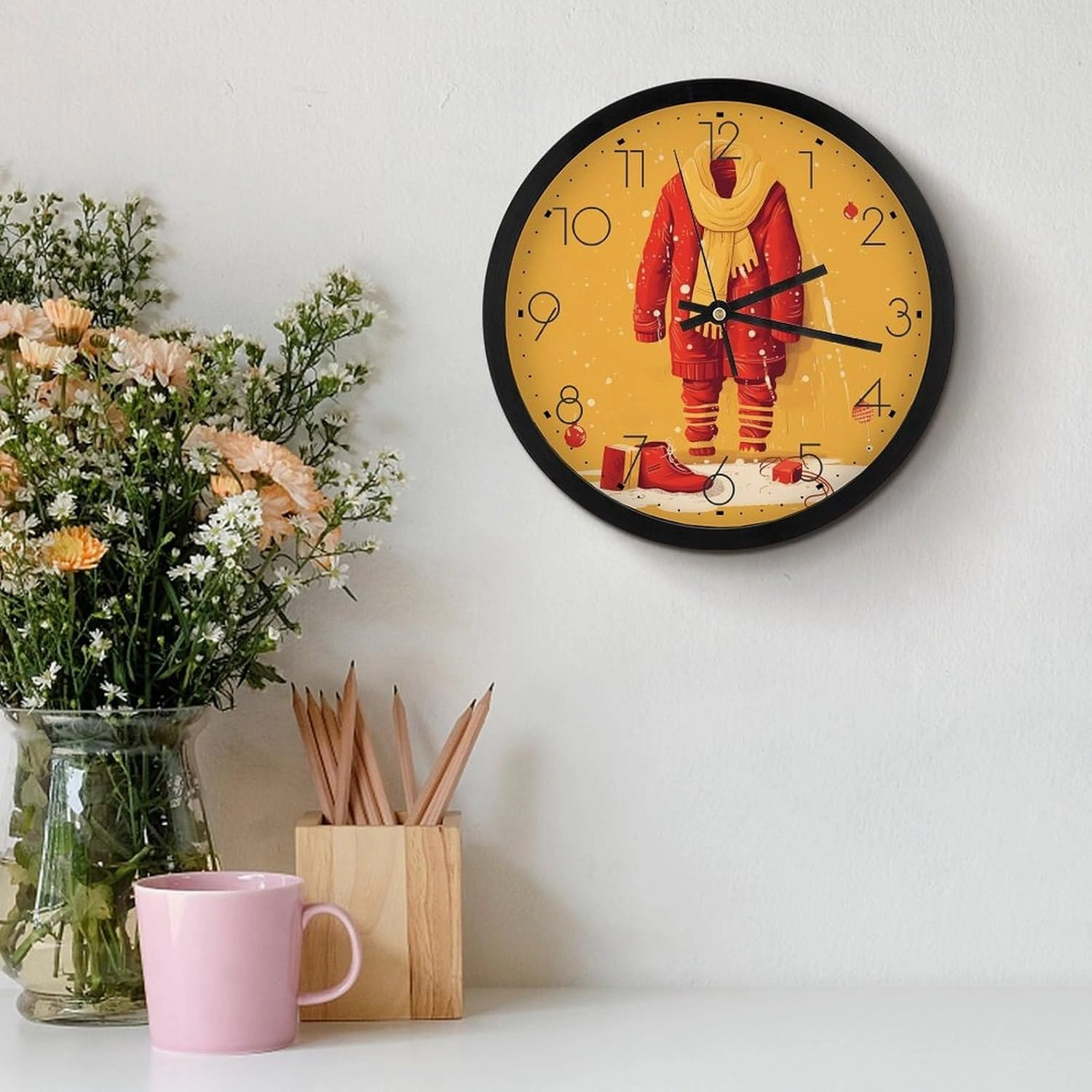 Red Clothes and Shoes Wall Clock 10 Inch Silent Non-Ticking Round Clocks Battery Operated Modern Kitchen Clock Wall Decor for Living Room Office Home Bedroom Kitchen Bathroom