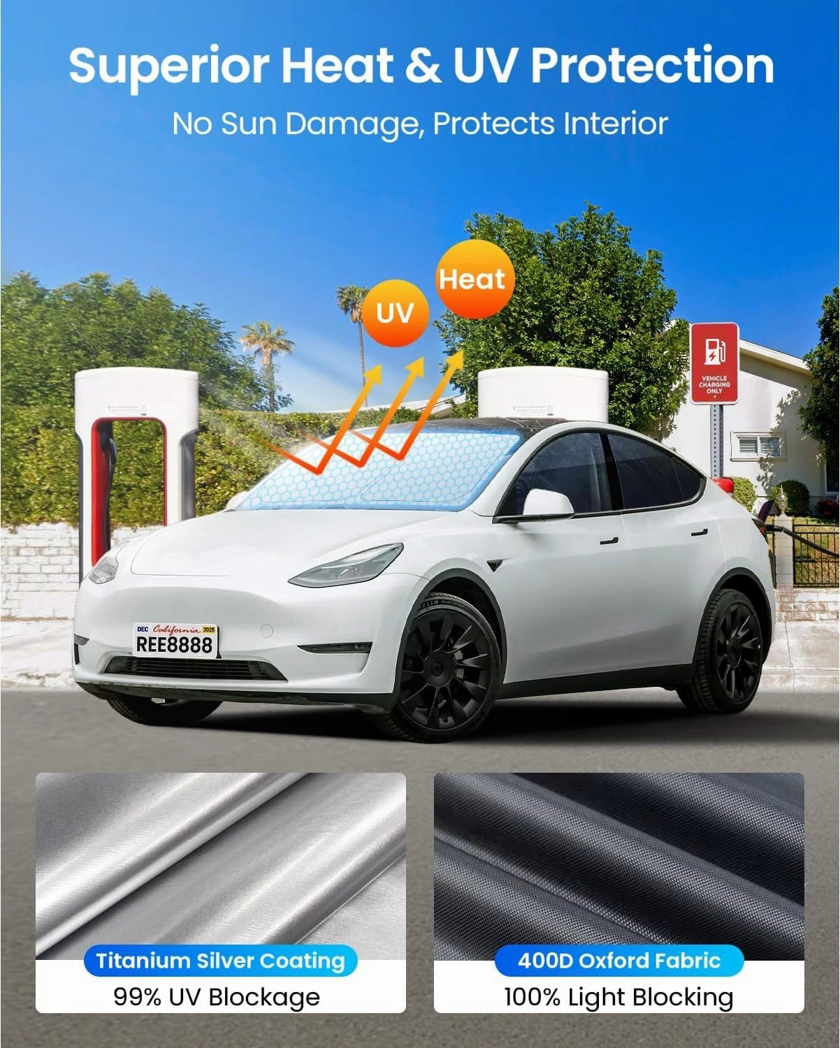 REEVAA Upgraded Tesla Model Y Sunshade Windshield [Tailored Fit, 100% Sun Protection] Foldable Sunshade Accessories with Storage Bag Fit Model Y 2019-2025, Silver Coating