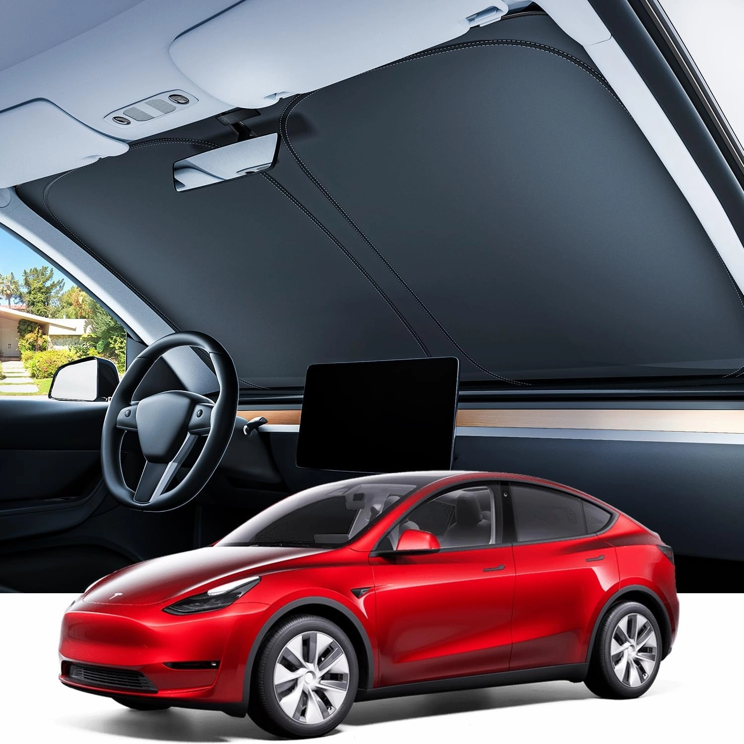 REEVAA Upgraded Tesla Model Y Sunshade Windshield [Tailored Fit, 100% Sun Protection] Foldable Sunshade Accessories with Storage Bag Fit Model Y 2019-2025, Silver Coating