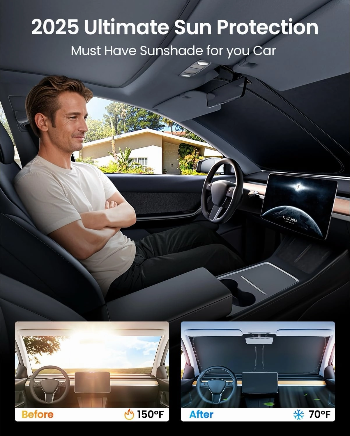 REEVAA Upgraded Tesla Model Y Sunshade Windshield [Tailored Fit, 100% Sun Protection] Foldable Sunshade Accessories with Storage Bag Fit Model Y 2019-2025, Silver Coating