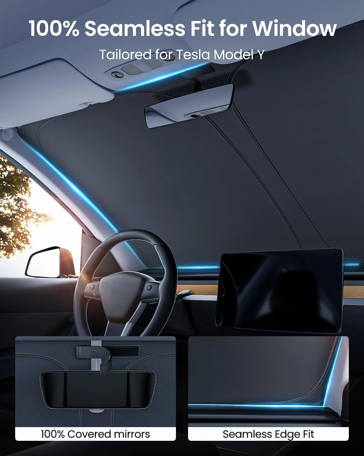 REEVAA Upgraded Tesla Model Y Sunshade Windshield [Tailored Fit, 100% Sun Protection] Foldable Sunshade Accessories with Storage Bag Fit Model Y 2019-2025, Silver Coating